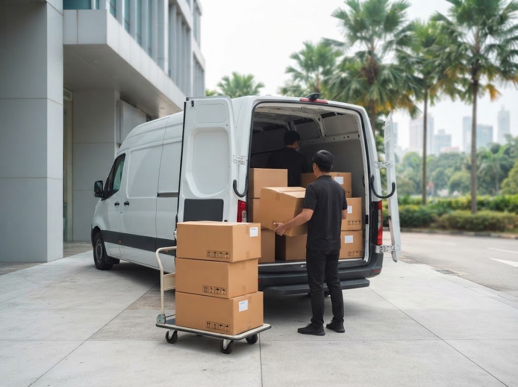 Cartons of clothing being loaded for delivery outside a commercial building in Singapore