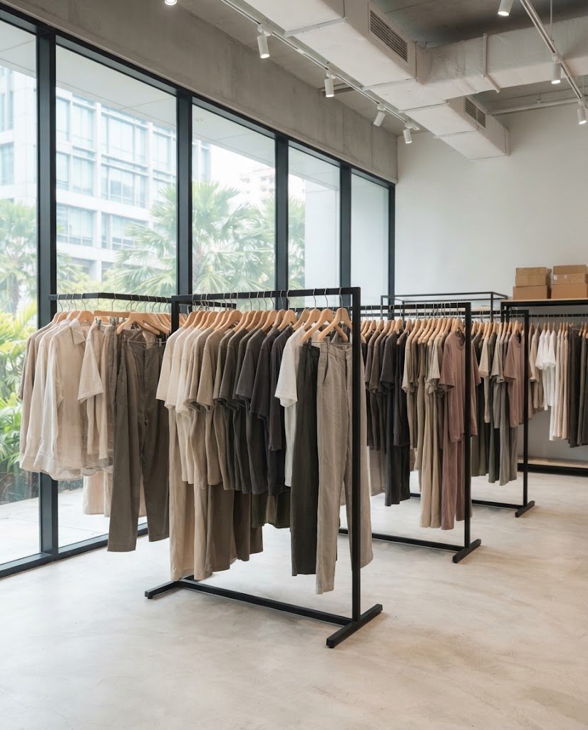 Clothing rails in the MIMI Clothing showroom at Paya Lebar Square, Singapore
