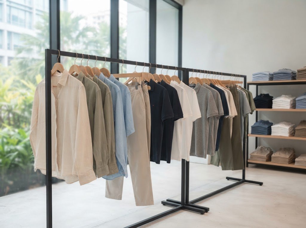 Men's shirts, polos and chinos neatly folded on a Singapore wholesale clothing shelf