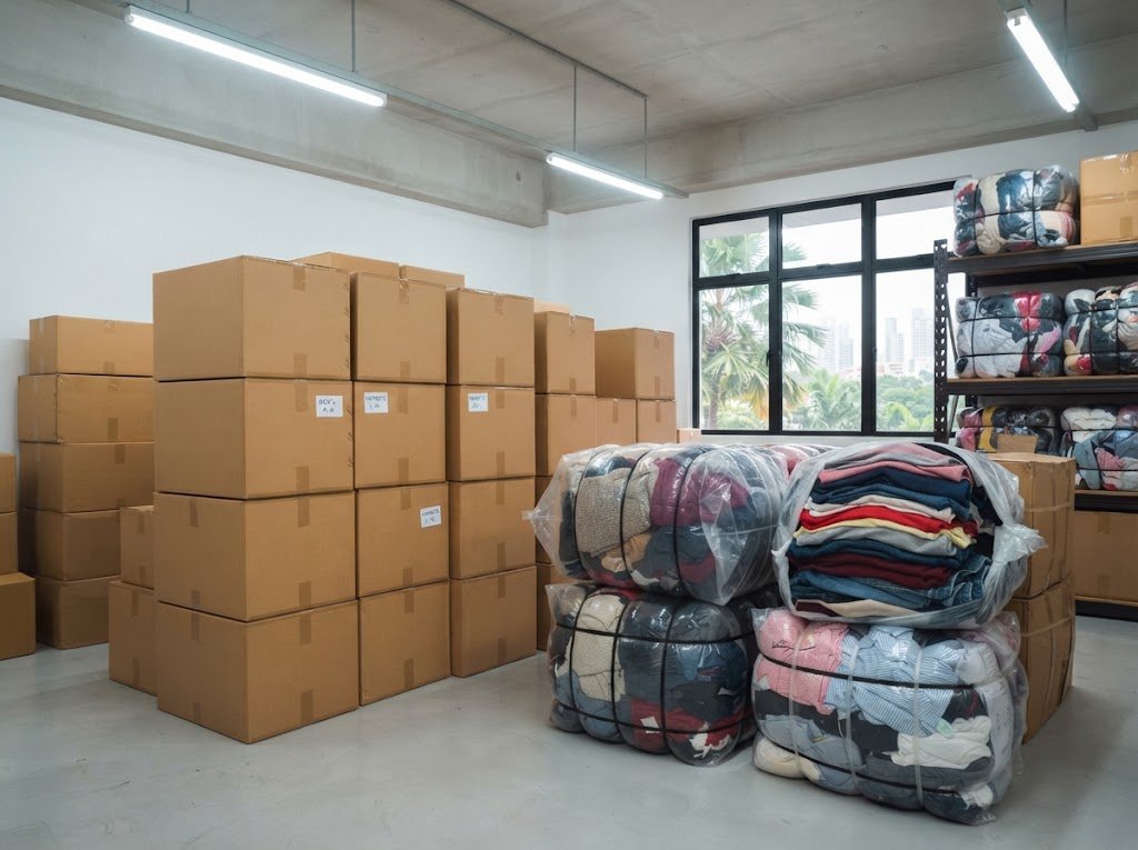 Sorted cartons of assorted adult clothing lots in a Singapore wholesale warehouse