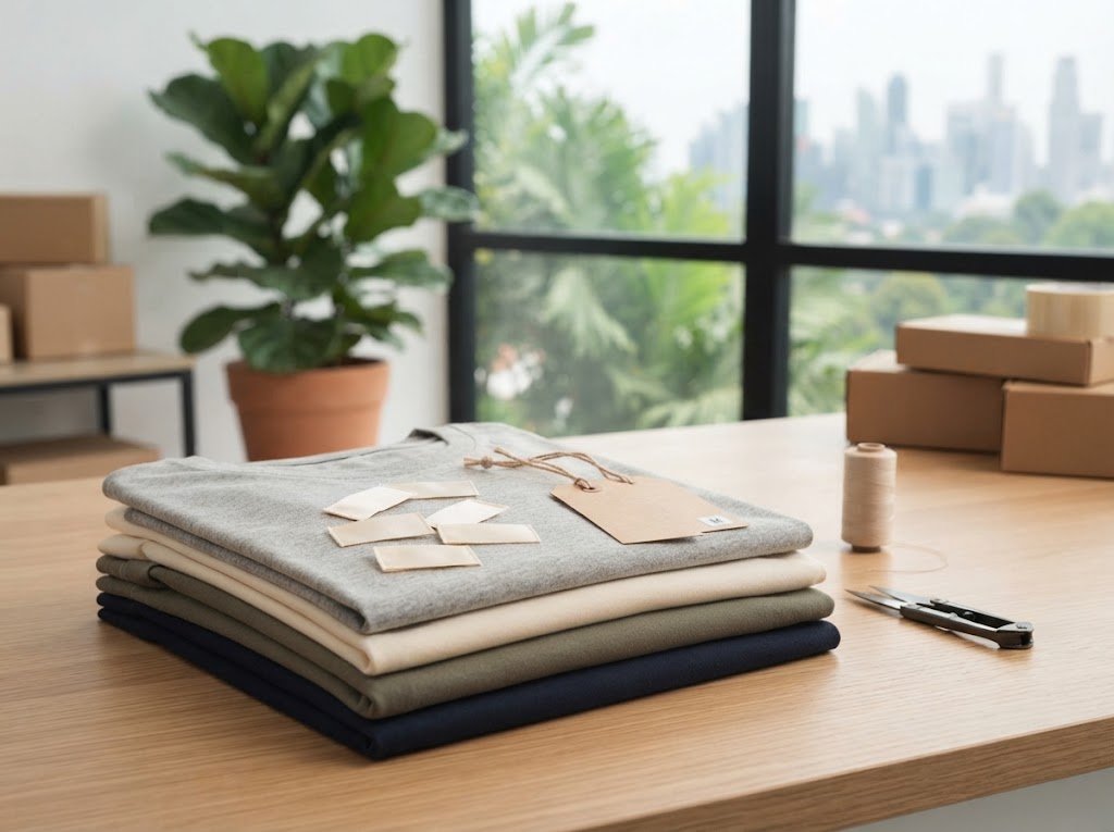 Garment labels, hangtags and folded apparel ready for private-label packing in Singapore