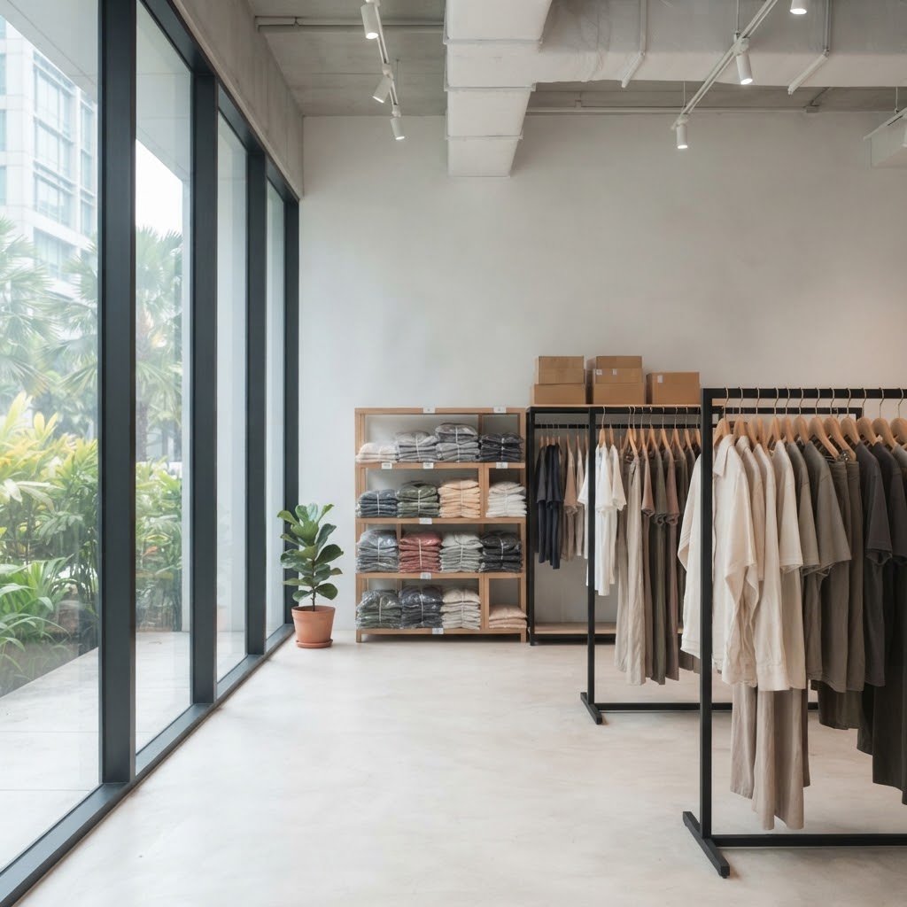 Interior of the MIMI Clothing showroom at Paya Lebar Square, Singapore, with clothing rails