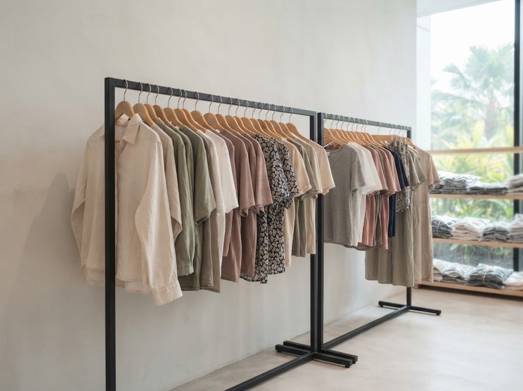 Women's blouses, tops and dresses on a rack in a Singapore wholesale showroom